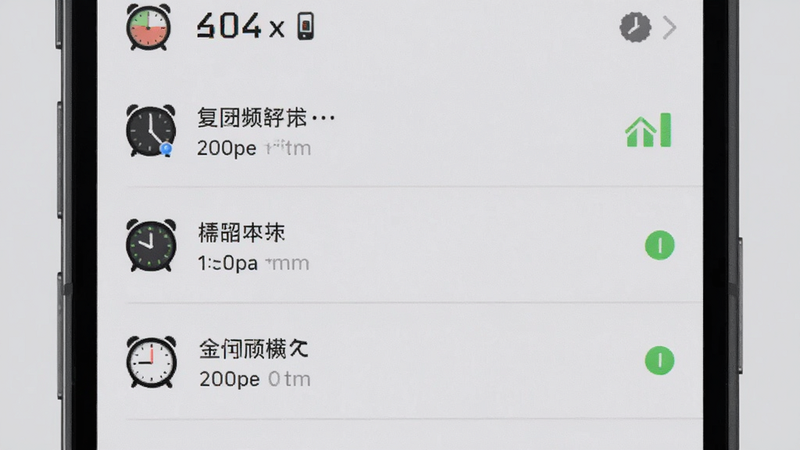手机界面上显示多个闹钟列表,每个闹钟旁边有不同的图标和状态指示,排版整齐,信息清晰,背景为浅灰色,简洁大方,高清