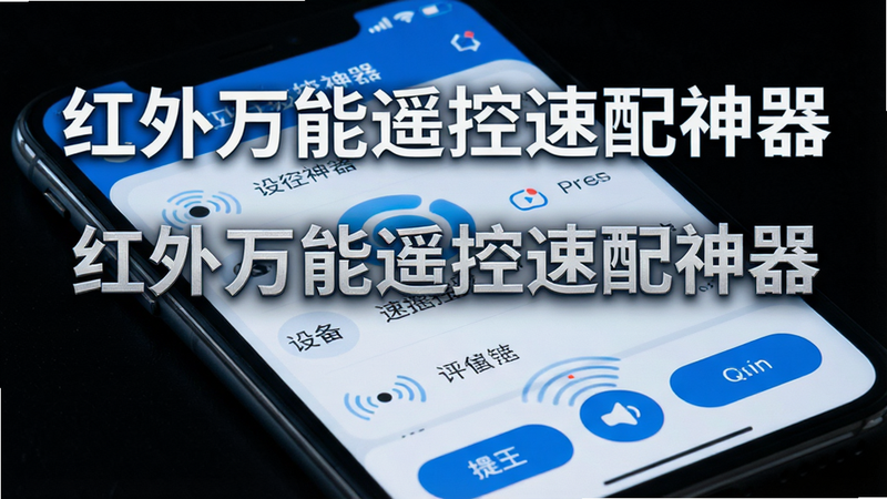 主体为手机屏幕特写,显示“红外万能遥控速配神器”APP界面,布局清晰,顶部为状态栏,中间为设备列表,底部为操作按钮,排版简洁现代,风格科技感蓝色调,细节展示红外发射波纹图标,画质高清,干净,无多余元素,文字“红外万能遥控速配神器”加粗显示