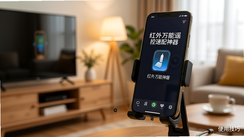 主体为手机支架场景,手机竖立放置,屏幕显示“红外万能遥控速配神器”APP,背景为客厅环境,布局温馨,排版自然,风格生活化摄影,细节展示手机支架与红外窗口对齐,画质高清,干净,无多余元素,文字“使用技巧”在角落小字