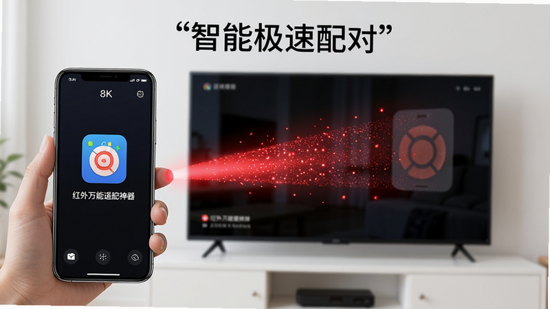 主体为手机与电视机互动的场景,手机屏幕显示“红外万能遥控速配神器”APP,发射出红色红外光束连接电视,布局居中,排版对称,风格写实摄影,细节展示光束粒子效果,画质8K,干净,无多余元素,文字“智能极速配对”在屏幕上方加引号
