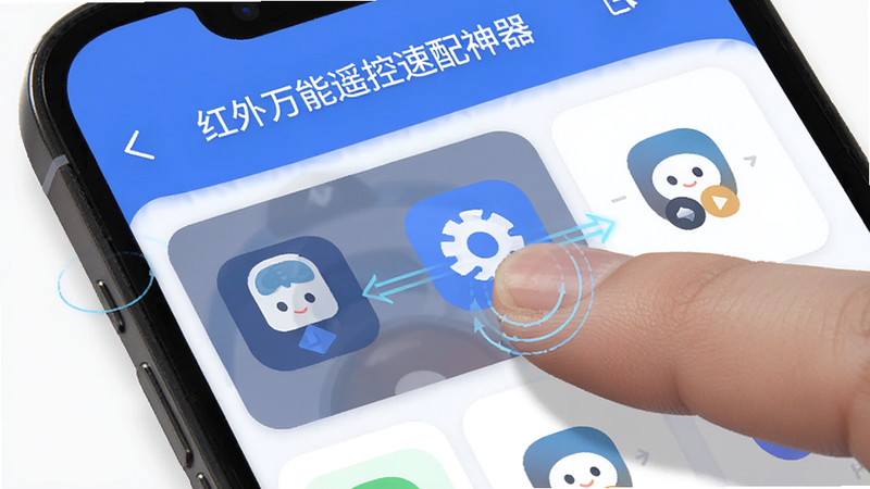 主体为APP自定义界面,手机屏幕显示“红外万能遥控速配神器”APP,手指正在拖动图标,布局灵活,排版模块化,风格扁平化设计,细节展示拖拽动效线条,画质高清,干净,无多余元素,文字“自定义快捷键”在标题栏