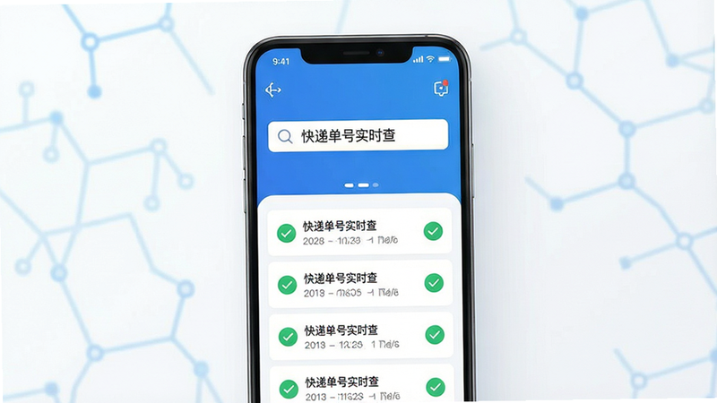 一张现代扁平化风格的应用程序界面展示图,主体是一个手机屏幕,屏幕中央显示搜索框,内有文字