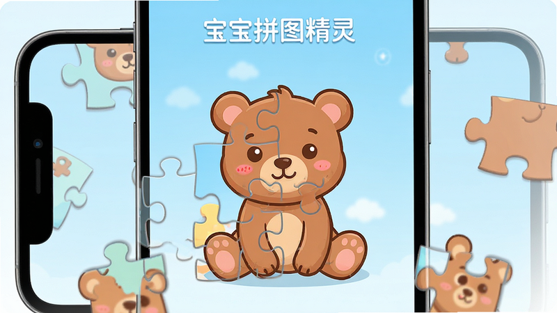 ����Ϊ�ֻ���Ļ��д����ʾ������ƴͼ���顱Ӧ�ý��棬����Ϊ����ɫ���䣬��Ļ����չʾһ������ƴ�ϵĿ�ͨС��ƴͼ����Χɢ���ż���δƴ�õ�ƴͼ��Ƭ�����־��У��Ű��࣬���Ϊ��ƽ����ͨ�廭��ϸ�����������廭�ʣ��ɾ����޶���Ԫ��