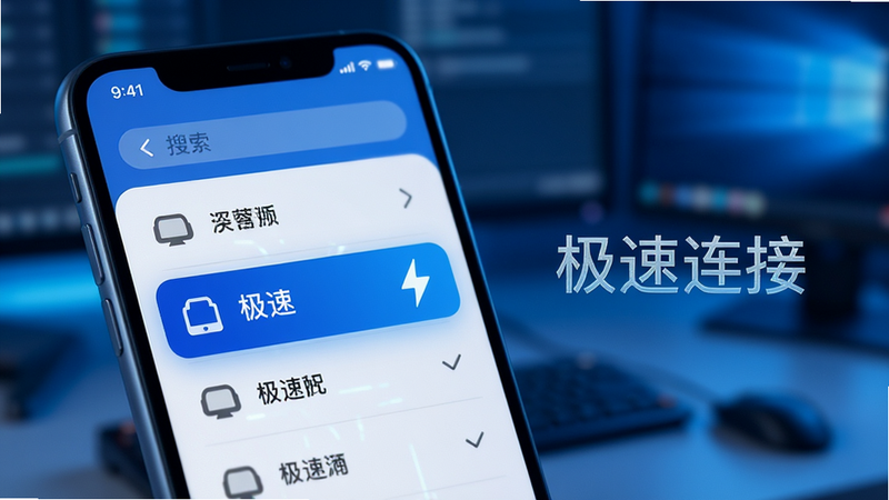主体为手机界面,显示正在搜索设备列表,其中一个设备名称高亮显示,旁边有闪电图标表示极速连接,背景模糊处理,突出手机屏幕内容,科技感蓝色调,高清,简洁,无多余元素,文字“极速连接”