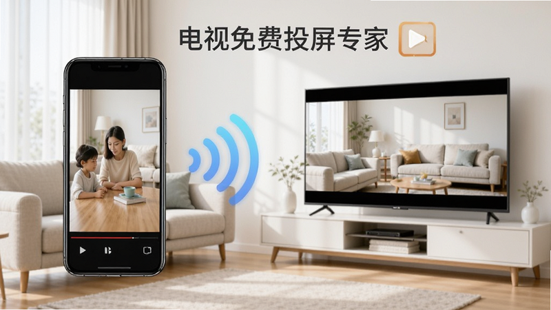 主体为智能手机与智能电视并排展示,手机屏幕显示视频画面,电视屏幕同步显示相同视频,中间有无线信号波纹连接两者,背景为温馨的家庭客厅,色调明亮,现代简约风格,高清,干净,无多余元素,文字“电视免费投屏专家”清晰可见