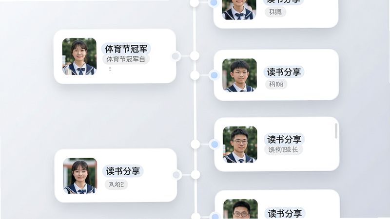 垂直滚动的时间轴界面设计,节点上展示学生照片和标签如