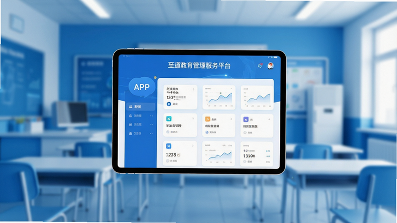 一张高清宽幅数字教育场景图,主体为悬浮在空中的平板电脑界面,显示