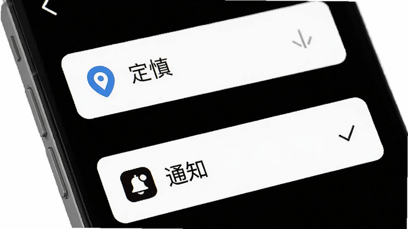 一张手机设置界面的示意图,展示了权限管理页面,其中“定位”和“通知”选项被勾选,界面简洁,图标清晰,风格现代,白色背景,高对比度,易于阅读