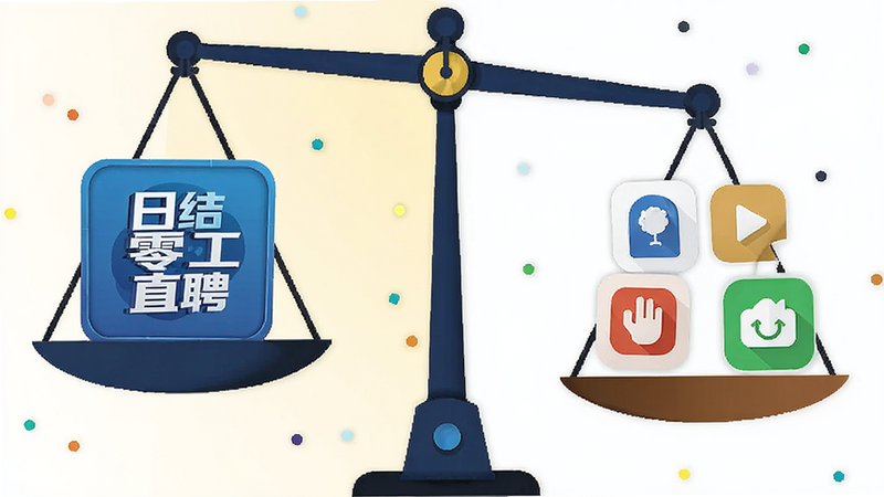 一张对比图表风格的插画,左侧是一个天平,一边放着“日结零工直聘”的Logo,另一边放着代表其他平台的通用图标,天平倾向日结零工直聘一侧,背景简洁,色彩鲜明,表达优势对比,矢量风格