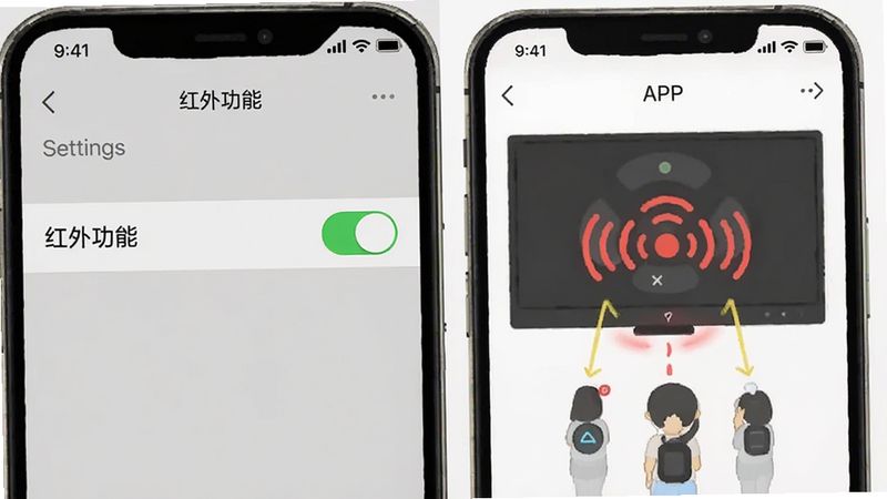 主体为手机设置界面与红外遥控APP的对比图,布局左右分屏,左侧显示手机设置中的“红外功能”开关选项,右侧显示APP正在发射红外信号的示意图,风格扁平化,细节包含开关按钮的绿色高亮,画质清晰,无多余背景元素,文字“红外功能已开启”