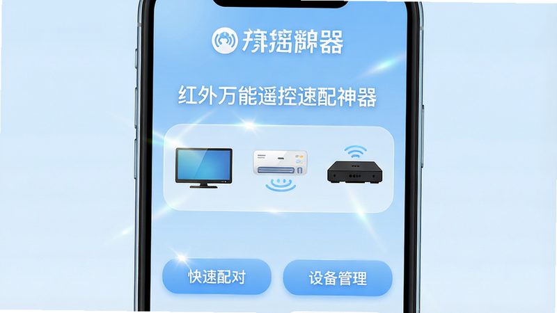 主体为一款名为“红外万能遥控速配神器”的手机APP界面截图,布局清晰,顶部显示品牌Logo,中间区域展示电视、空调、机顶盒等家电图标,底部有“快速配对”、“设备管理”功能按钮,背景为柔和的浅蓝色渐变,风格现代简约,细节处有光线折射效果,画质高清,干净无多余元素,文字“红外万能遥控速配神器”清晰可见