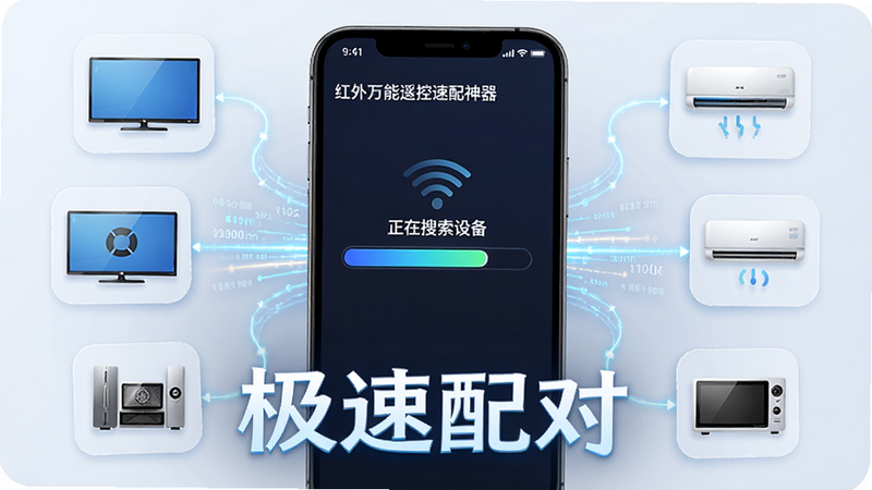 展示“红外万能遥控速配神器”APP的配对界面,主体为手机屏幕,屏幕上显示“正在搜索设备”进度条,周围环绕着电视、空调等家电的简化图标,布局中心对称,风格科技感强,细节包含数据流动的光效,画质清晰,无多余装饰,文字“极速配对”醒目