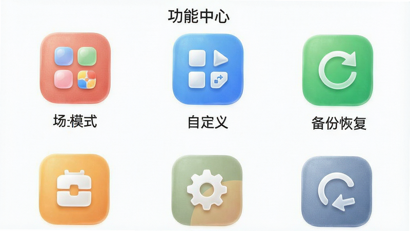 主体为APP功能菜单界面,布局为网格状,展示“场景模式”、“自定义”、“备份恢复”等功能图标,风格简洁明快,细节包含图标的高清质感,画质清晰,无多余装饰,文字“功能中心”