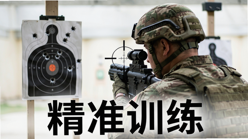 射击训练场景,主体为士兵在靶场进行瞄准练习,布局突出准星与靶心重合瞬间,排版聚焦中心,风格为写实军事训练风,细节包含弹孔分布与靶纸细节,画质高清,干净背景,文字内容'精准训练'黑色大字底部