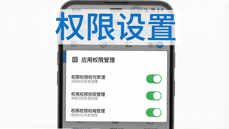 手机设置界面示意图,主体为安卓手机“应用权限管理”弹窗,布局清晰展示权限开关,排版简洁明了,风格为扁平化UI设计,细节包含绿色开关按钮与权限名称,画质清晰,干净背景,文字内容'权限设置'蓝色大字顶部
