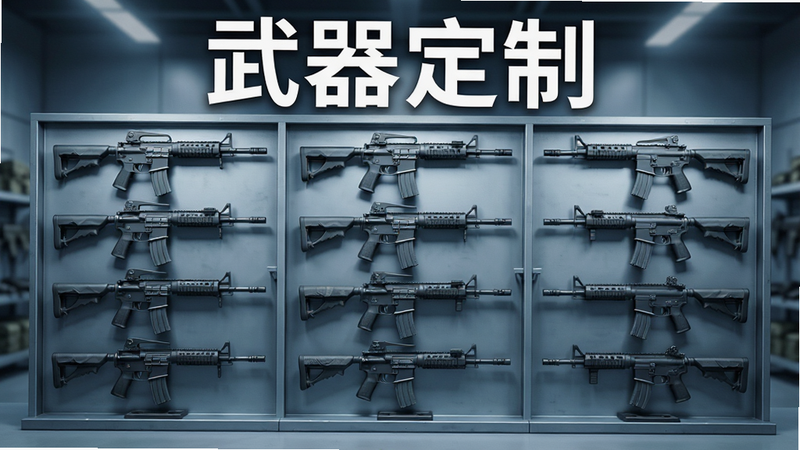 武器库展示界面,主体为多种枪械整齐排列在金属展示架上,布局网格化清晰有序,排版突出不同枪械型号,风格为现代军事装备库冷色调,细节包含枪械纹理、配件细节及背景柔和灯光,画质高清写实,干净整洁,文字内容'武器定制'白色大字顶部
