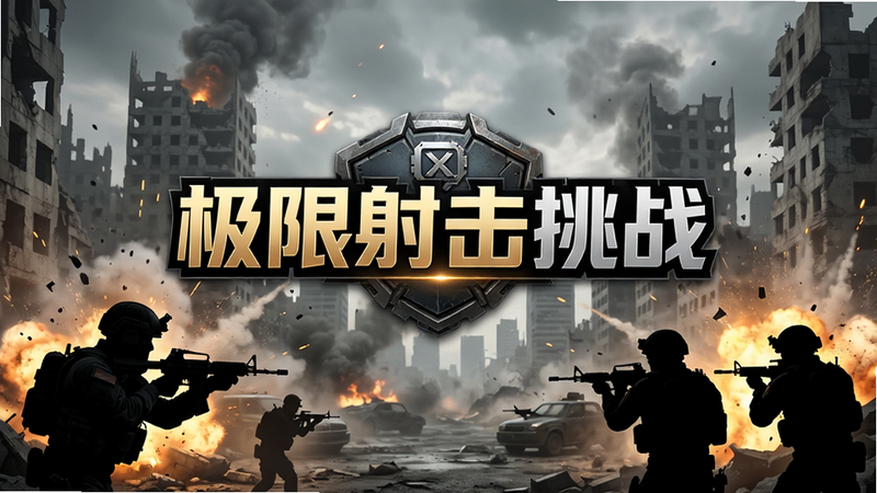 游戏主界面全景图,主体为《极限射击挑战》游戏Logo居中悬浮,背景是硝烟弥漫的现代城市废墟战场,前景有持枪士兵背影剪影,布局左右对称平衡,排版清晰突出标题,风格为写实军事科幻风,细节包含爆炸火光与碎片飞溅,画质4K高清,干净无多余水印元素,文字内容'极限射击挑战'加粗居中