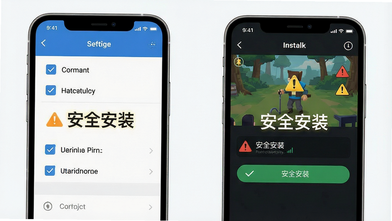 主体为手机设置界面与游戏安装界面并排展示,布局左右对称,排版清晰,风格为扁平化科技风,细节包含勾选框和警告图标,画质清晰,干净无杂色,文字“安全安装”高亮显示