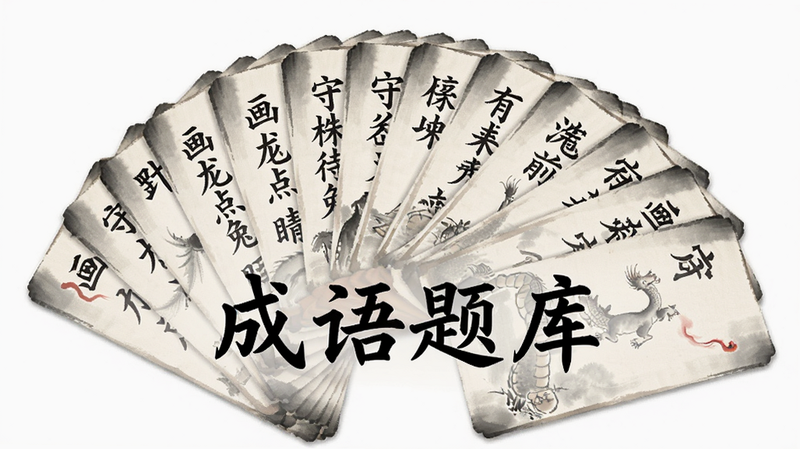 主体为成语卡片堆叠效果,布局呈扇形展开,排版整齐有序,风格为水墨画质感,细节包含“画龙点睛”“守株待兔”等成语字样,画质细腻,干净无杂乱背景,文字“成语题库”居中显示