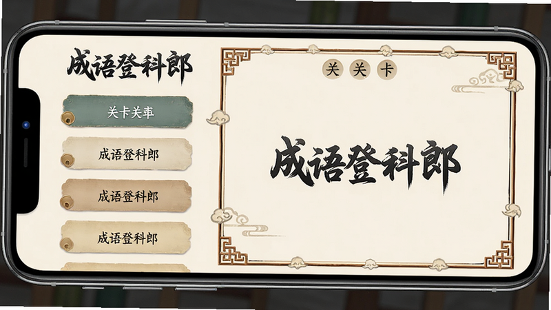 主体为手机屏幕展示“成语登科郎”APP界面,布局采用左侧关卡列表右侧游戏区排版,风格为中国风简约UI,细节包含毛笔字标题和古风边框,画质高清,干净无多余元素,文字“成语登科郎”清晰可见