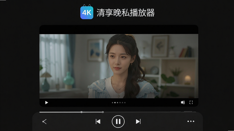 主体为清享晚私播放器安卓应用界面,布局采用深色模式背景,排版清晰,顶部显示软件名称Logo,中间展示视频播放界面,底部为简洁的控制栏,风格现代简约,细节处突出高清画质感,画质4k,干净,无多余元素,文字包含