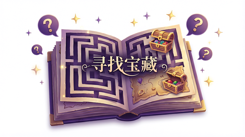 一本打开的立体书样式插画,书页上展示着复杂的迷宫和隐藏的宝藏地图,周围漂浮着问号气泡和闪烁的星光,色调为神秘的紫色与金色搭配,光影柔和,细节精致,体现探索与解谜的氛围,文字“寻找宝藏”位于书页中央,字体优雅,背景干净,无杂乱元素