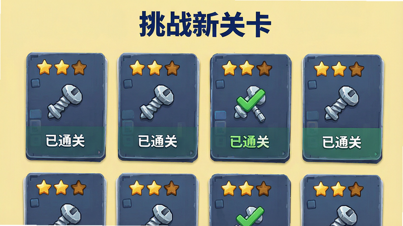 չʾ��Ϸ�ؿ�ѡ����棬����Ϊ����ɫ���б�ʽ�����Ŷ���ؿ���Ƭ����Ƭ���в�ͬ�Ѷȵ��Ǽ���ʶ����˿ͼ�������ֿ�Ƭ��ʾ����ͨ�ء�����ɫ�Թ��������������򣬷��ΪUI���ͼ��ϸ�ھ��£����ʸ��壬�ɾ����������֡���ս�¹ؿ���������ɫ��ʾ�ڶ���