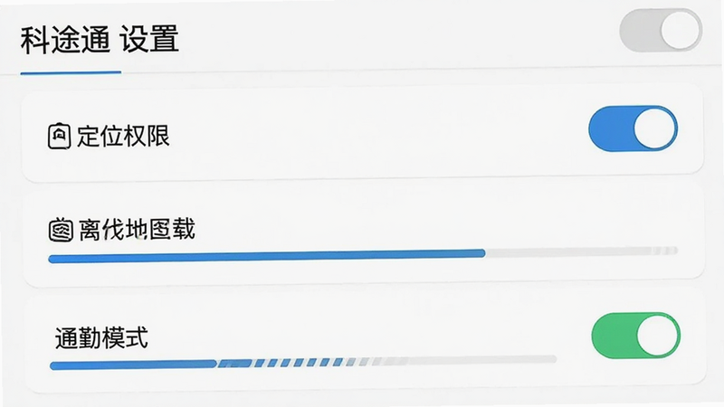 主体为科途通的设置界面,布局展示定位权限、离线地图下载、通勤模式开关等选项,风格为清晰的功能列表,细节包含开关按钮和进度条,画质高清,干净,无多余元素,文字需显示“科途通 设置”