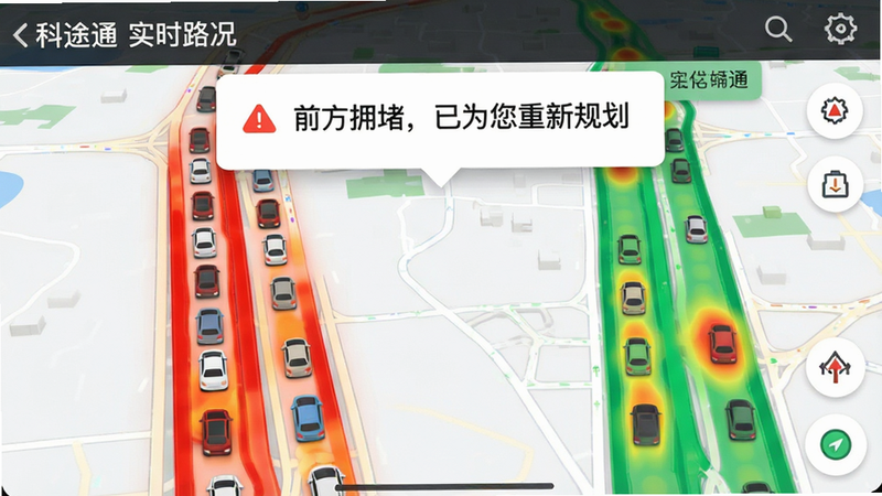 主体为科途通地图界面,布局突出显示一条红色拥堵路段和一条绿色畅通路段,上方有弹窗提示“前方拥堵,已为您重新规划”,风格为警示与引导并存,细节包含车辆图标和路况热力图,画质高清,干净,无多余元素,文字需显示“科途通 实时路况”