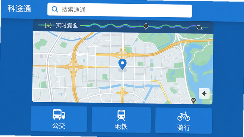 主体为科途通安卓应用界面,布局居中显示主地图区域,上方有搜索框和实时路况条,下方有“公交”、“地铁”、“骑行”三个功能大按钮,风格为扁平化科技蓝,细节包含清晰的道路网格和定位图标,画质高清,干净,无多余元素,文字需显示“科途通”