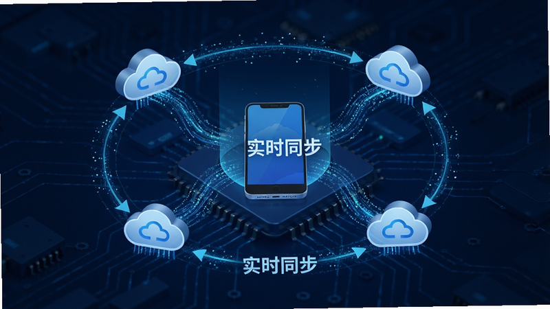 主体为胡连胜数据同步过程的示意图,布局为环形结构,中心是手机图标,周围环绕着云端图标和数据流线条,背景为深蓝色科技感,排版严谨,风格为科技写实主义,细节处包含数据流动的粒子效果,画质高保真,干净,无多余元素,文字