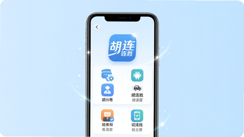 主体为胡连胜安卓应用的全景概览图,布局采用居中对称式,背景为柔和的浅蓝色渐变,中央展示手机屏幕界面,屏幕内显示清晰的胡连胜Logo及核心功能图标,排版整洁有序,风格为现代扁平化设计,细节处包含微小的光效点缀,画质高清,干净,无多余元素,文字