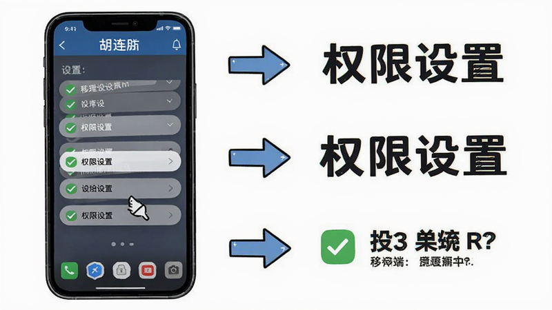 主体为胡连胜移动端设置界面的操作指南图,布局为步骤流程图,背景为白色,左侧是手机屏幕截图,右侧是文字说明箭头,排版清晰直观,风格为教程插画风,细节处包含勾选标记和设置图标,画质清晰,干净,无多余元素,文字