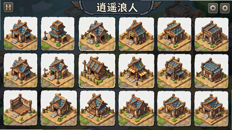 主体为《逍遥浪人》基地建造界面,布局为网格化显示,展示各种可放置的建筑模型,风格为卡通写实结合,细节包括清晰的建筑图标与地面纹理,画质清晰,无杂乱背景