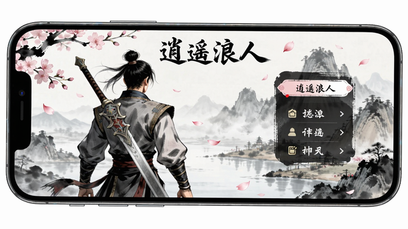 主体为手机屏幕显示《逍遥浪人》游戏主界面,布局为居中构图,左侧展示角色背影,右侧为悬浮菜单,风格为清新水墨国风,细节包括飘落的樱花与远处的山水背景,画质高清,干净无多余元素
