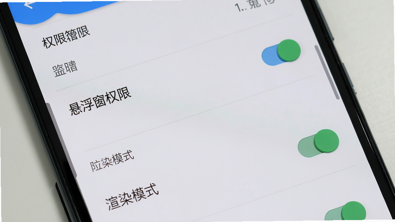 主体为安卓手机设置界面,显示权限管理与性能选项,布局为列表式,排版整洁,风格为现代安卓UI,细节处有开关按钮状态,文字“悬浮窗权限”与“渲染模式”清晰可见,画质高清,干净,无多余元素