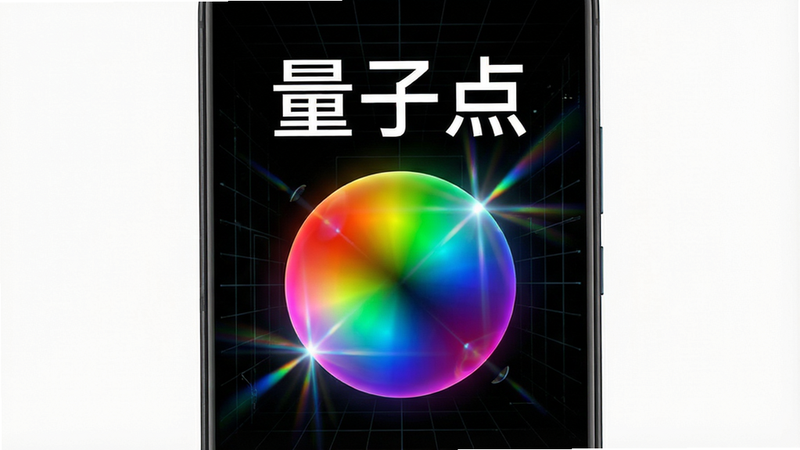主体为安卓手机屏幕特写,屏幕显示高饱和度的彩色光谱球体,背景为深黑色科技感网格,布局居中对称,排版简洁现代,风格为极简科技风,细节处有光线折射效果,文字“量子点”以白色无衬线字体悬浮于屏幕上方,画质8k,干净,无多余元素