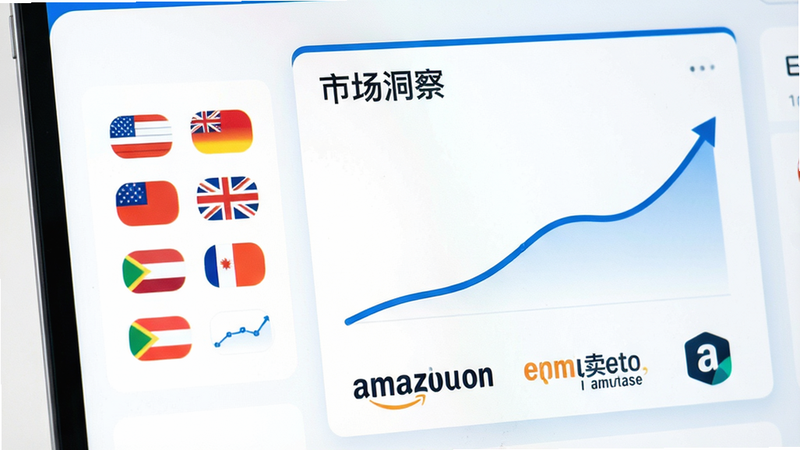 大数跨境应用界面特写,屏幕中央显示“市场洞察”模块,左侧是各国国旗图标代表不同市场,右侧是上升的销量曲线,底部有“亚马逊”、“速卖通”等平台Logo,界面布局清晰,字体清晰,蓝色主色调,扁平化设计,8k分辨率,干净背景