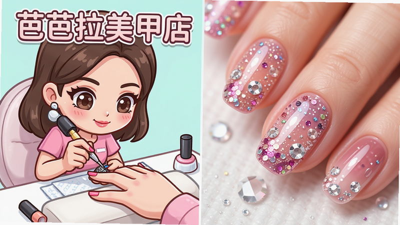 主体为一款名为“芭芭拉美甲店”的手机游戏宣传海报,布局采用左右结构,左侧展示一位卡通女性角色正在专注地为顾客做美甲,右侧展示精美的美甲成品特写,排版整洁,风格为清新日系卡通,细节丰富如指甲上的亮片和水钻,画质高清,干净,无多余元素,文字标注“芭芭拉美甲店”