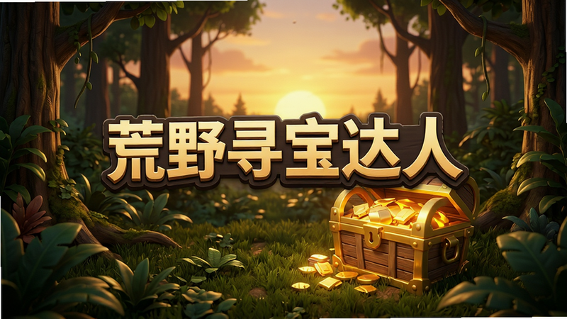 一张高清游戏宣传图,主体为“荒野寻宝达人”Logo,背景是茂密的原始森林与夕阳下的金色宝藏箱,布局居中,排版简洁大气,风格为写实3D渲染,细节丰富,光影效果逼真,画质清晰,干净,无多余元素