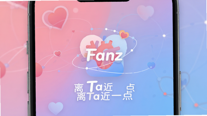 主体为Fanz-离Ta近一点APP的高清预览图,布局采用中心构图,展示APP主界面,界面色调为柔和的粉蓝渐变,体现温馨社交氛围。排版简洁现代,突出“离Ta近一点”的核心Logo。风格为扁平化插画风,细节处有抽象的心形与连接线条元素,象征情感连接。画质4k,高清,干净,无多余元素,文字清晰显示“Fanz”和“离Ta近一点”。