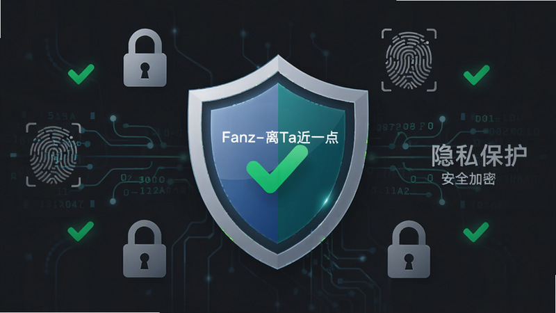 主体为Fanz-离Ta近一点的隐私安全盾牌图标,布局为中心对称,盾牌位于画面中央,周围环绕着锁形图标、指纹识别图案与加密数据流。排版严谨,背景为深灰色,突显安全感。细节处有绿色对勾符号,表示安全验证通过。风格为商务科技风,画质高清,干净,无多余元素,文字标注“隐私保护”与“安全加密”。