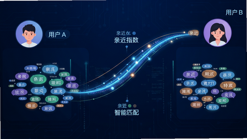 主体为Fanz-离Ta近一点的匹配算法示意图,布局为左右分屏,左侧展示用户A的头像与兴趣标签云,右侧展示用户B的头像与标签,中间通过发光的动态线条连接,线条粗细代表亲近指数。排版清晰,背景为深蓝色科技风,细节处有数据流特效,象征智能计算。风格为现代科技插画,画质高清,干净,无多余元素,文字标注“智能匹配”与“亲近指数”。