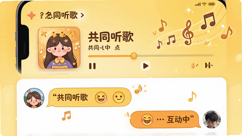 主体为Fanz-离Ta近一点的互动场景界面预览,布局采用上下结构,上方显示“共同听歌”界面,包含歌曲封面与播放进度条,下方显示两个用户的聊天气泡与表情互动。排版紧凑且美观,色彩以暖黄色为主,营造温馨氛围。细节处有音乐符号飘动,象征同步体验。风格为卡通可爱风,画质高清,干净,无多余元素,文字显示“共同听歌”与“互动中”。