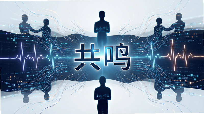 主体为抽象的连接线条与人形剪影,布局对称,排版艺术化,风格科技与人文结合,细节展示数据流与心跳波纹,画质高清,干净,无多余元素,文字“共鸣”居中