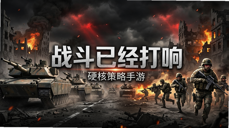 游戏主视觉图,主体为现代战场全景,左侧是装甲部队推进,右侧是步兵持枪冲锋,背景是燃烧的废墟城市,天空昏暗带有战火红光,中间醒目显示文字