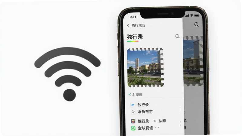 主体为一部手机显示着'独行录'界面,旁边有一个断开连接的Wi-Fi图标,但界面依然清晰显示记录内容,布局左右分栏,风格为写实与矢量结合,细节丰富,画质高,干净,无多余元素
