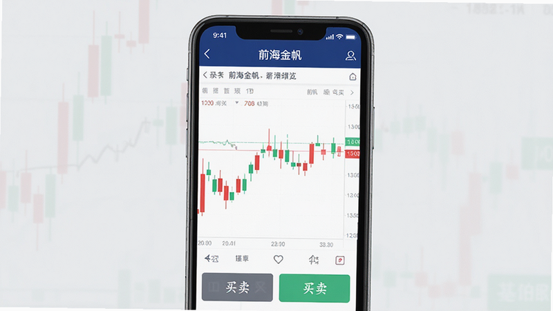 绘制一张前海金帆APP的主界面预览图,主体为手机屏幕,显示清晰的股票交易界面,顶部有深蓝色导航栏,中间是红绿相间的K线走势图表,底部是买卖操作按钮,背景为干净的浅灰色,风格扁平化,高清无噪点,文字清晰可见,包含“前海金帆”字样