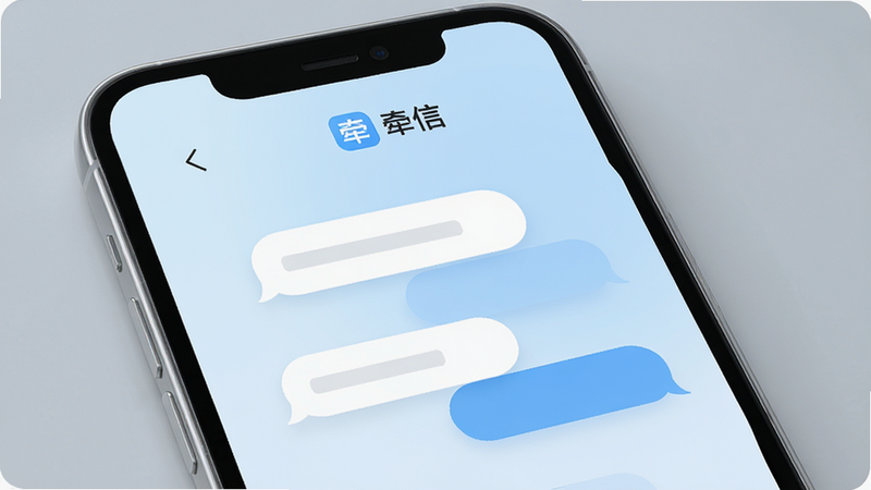 一张展示“牵信”APP核心界面的高清概念图,主体为手机屏幕,屏幕中央显示简洁的聊天气泡,背景为柔和的浅蓝色渐变,布局清晰,排版极简,风格现代清新,细节处有微弱的光影效果,画质4k,干净,无多余元素,文字内容包含“牵信”logo