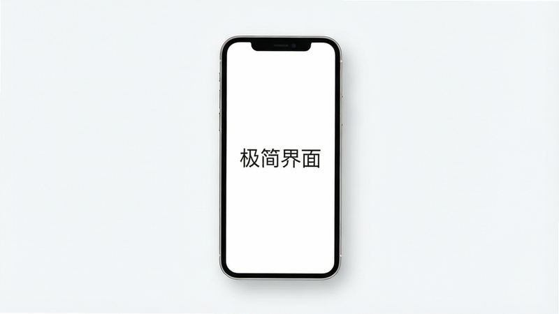 一张展示极简主义手机UI设计的概念图,主体为手机界面,布局留白充足,排版整齐,风格扁平化设计,细节处有柔和的阴影,画质精致,干净,无多余元素,文字内容包含“极简界面”